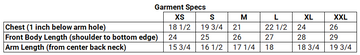 A garment specification chart showing chest, body length, and arm length measurements for sizes XS through XXL, labeled Garment Specs.