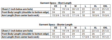 Garment size chart for short-length garments with measurements in inches.