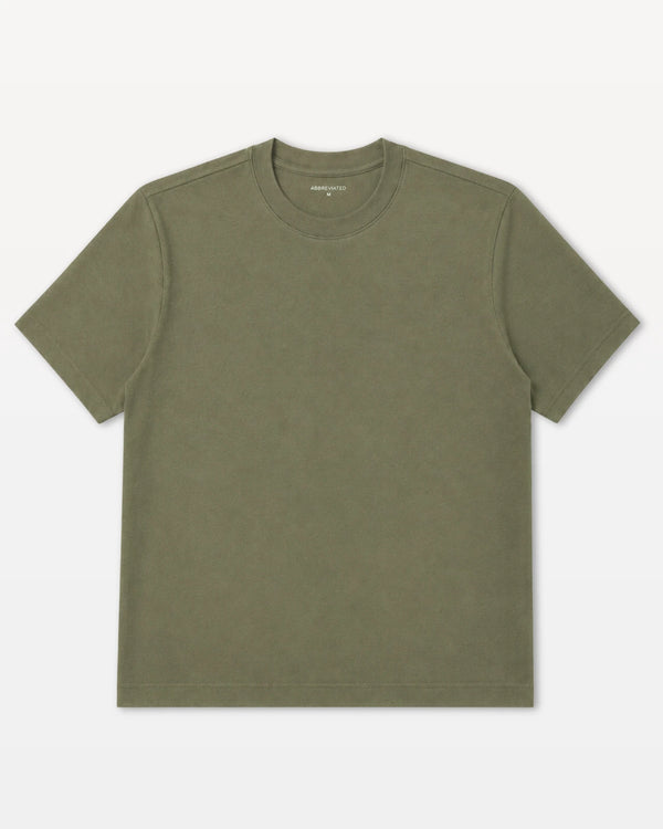 An olive green short-sleeve crewneck t-shirt by American Apparel, displayed flat against a light gray background.