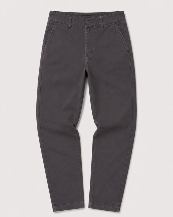 A pair of dark gray slim-fit chinos with a button waistband, displayed flat against a light gray background.