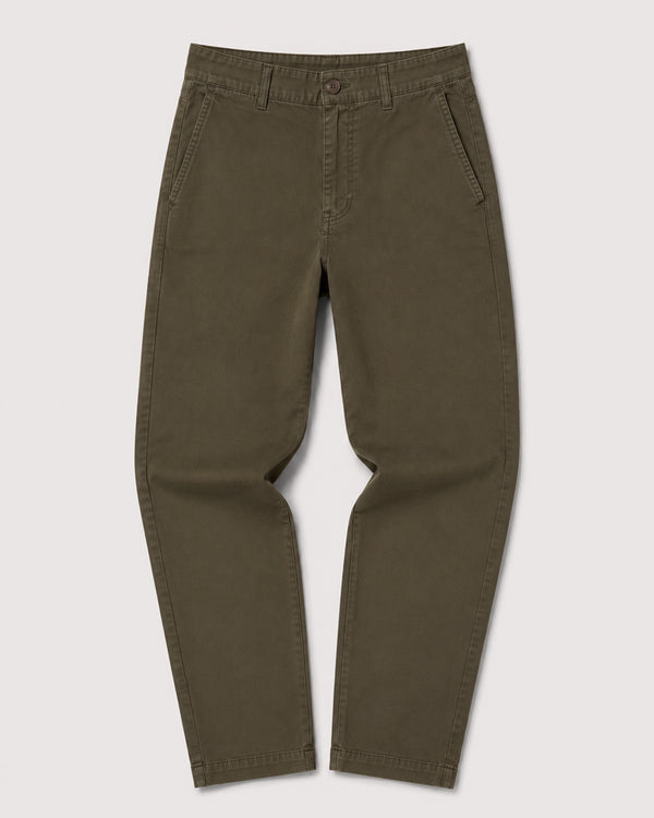 A pair of olive green slim-fit pants shown flat against a light gray background.