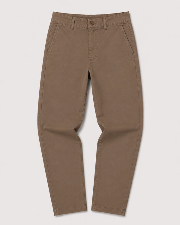 A pair of slim-fit chinos in a warm taupe-brown color, shown flat against a light gray background.