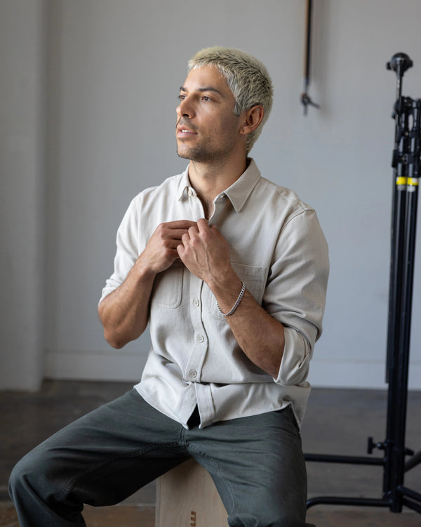 Twill cotton overshirt designed for short guys in sandstone
