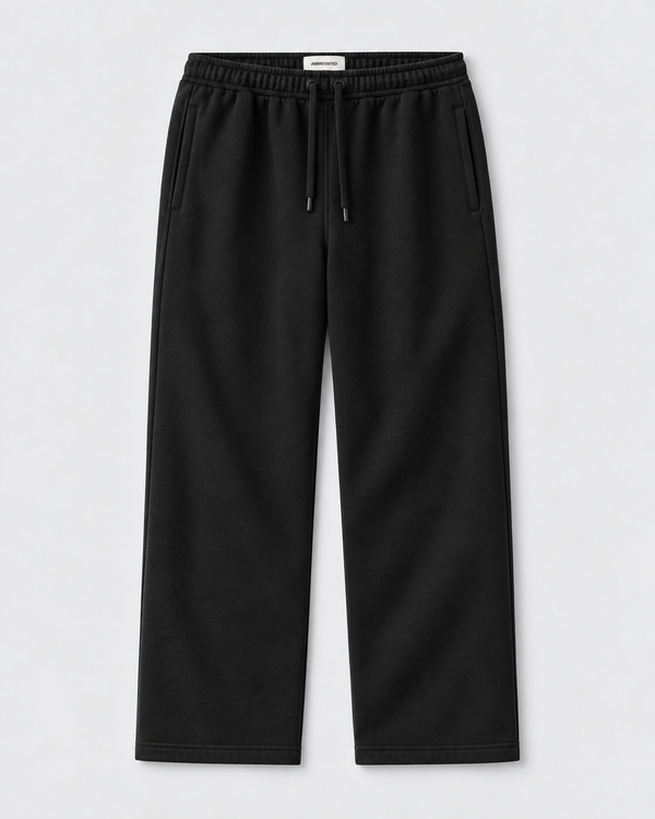 Black wide-leg sweatpants with an elastic waistband and drawstring, shown flat on a light gray background. Designed for shorter men.