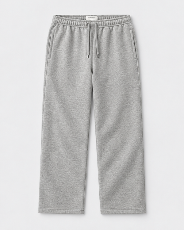 Light gray heather fleece sweatpants with an elastic drawstring waistband, displayed flat against a light gray background. Designed for shorter men.