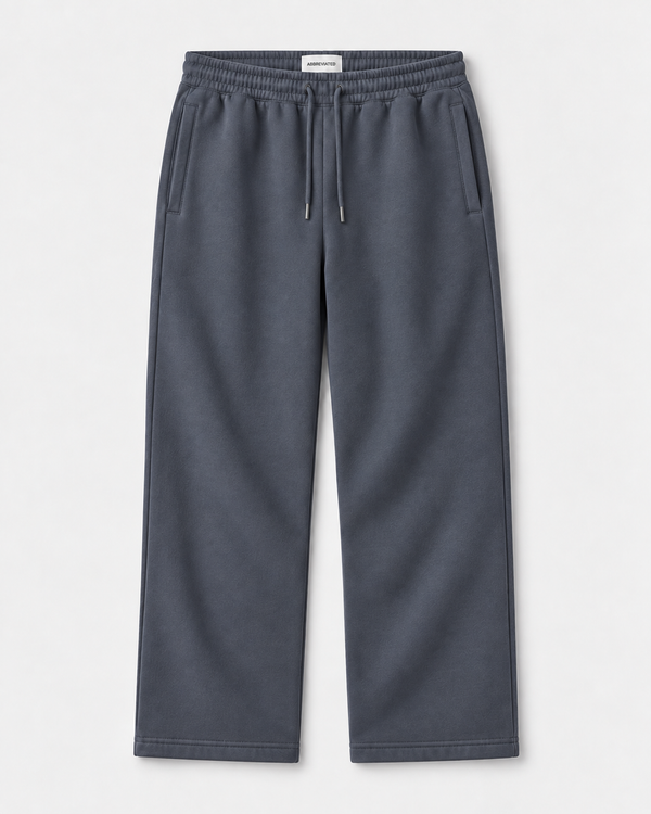 A pair of dark slate gray sweatpants with an elastic waistband, matching drawstrings, and side pockets, shown flat on a light gray background. Designed for shorter men.