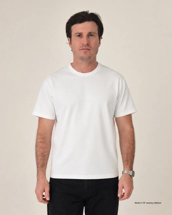 A man wearing a plain white short-sleeve crewneck t-shirt and black pants, standing against a solid light beige background.