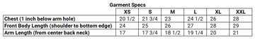 A size chart table for garments showing measurements in centimeters for Chest, Front Body Length, and Arm Length acrossXS, S, M, R, L, XL, and XXL sizes.