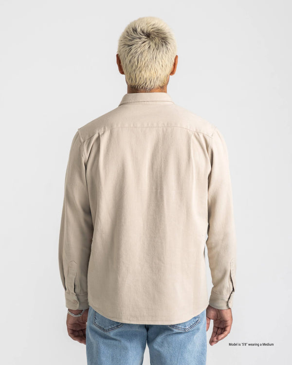 back of twill cotton overshirt for shorter men in sandstone