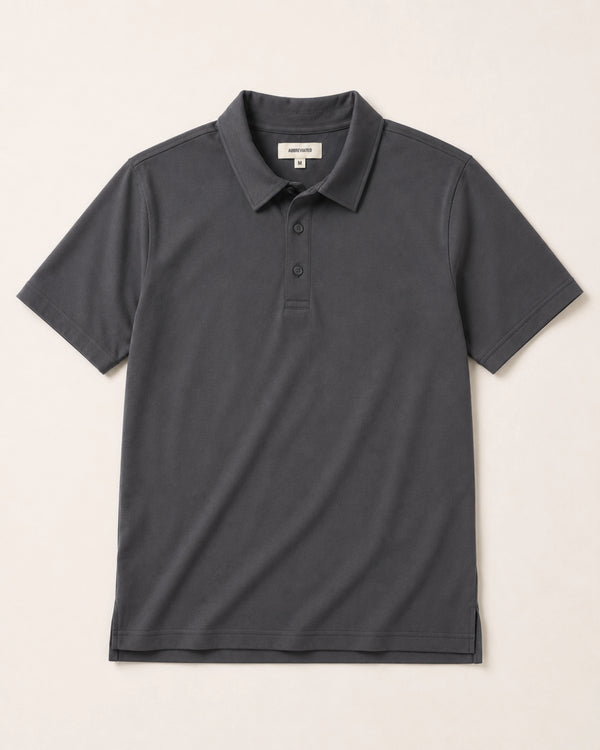 dark grey polo shirt designed for men under 5'10