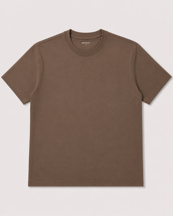 A plain short-sleeve crewneck t-shirt in a muted brownish-gray color, laid flat against a light gray background.