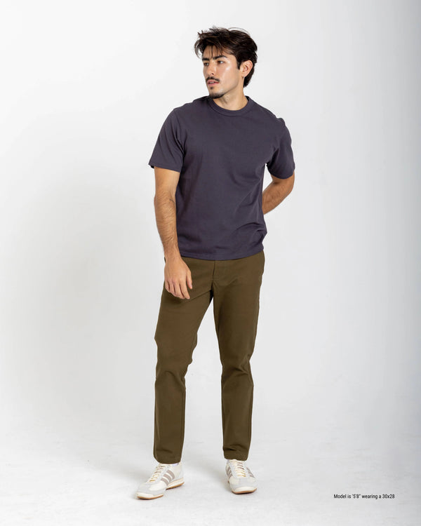 dark olive slim chinos made for short men posed