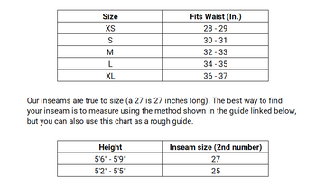 Size chart for waist measurements with additional information on inseam size.