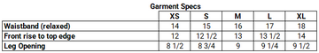 Garment specifications table for waistband, front rise to top edge, and leg opening measurements.