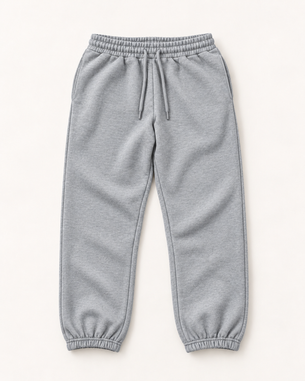 Heather grey jogger sweatpants for shorter men laid flat, with drawstring waist, side pockets and elastic ankle cuffs