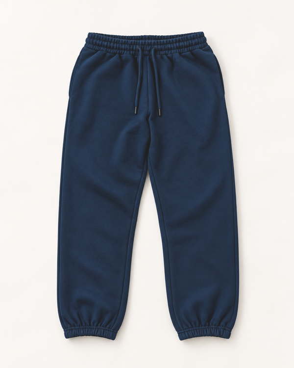 Navy blue jogger sweatpants for shorter men laid flat, with drawstring waist, side pockets and elastic ankle cuffs