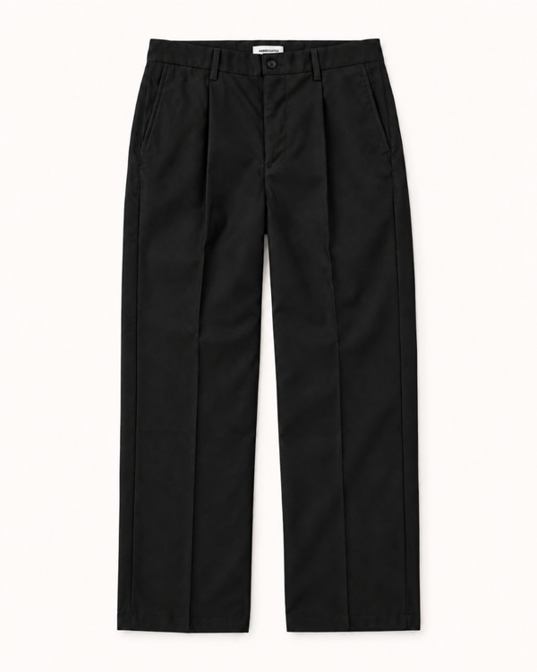 Black loose-fit pleated menswear trousers for shorter men, flat lay front view