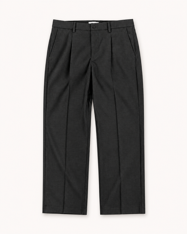 Charcoal loose-fit pleated menswear trousers for shorter men, flat lay front view