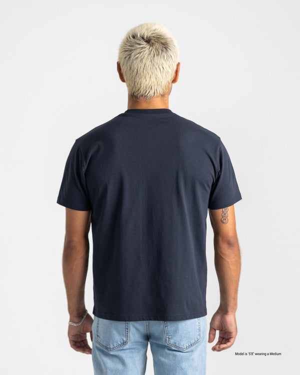 navy standard t-shirt for shorter men back
