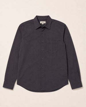 a dark button up shirt on a white background