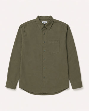 a dark button up shirt on a white background