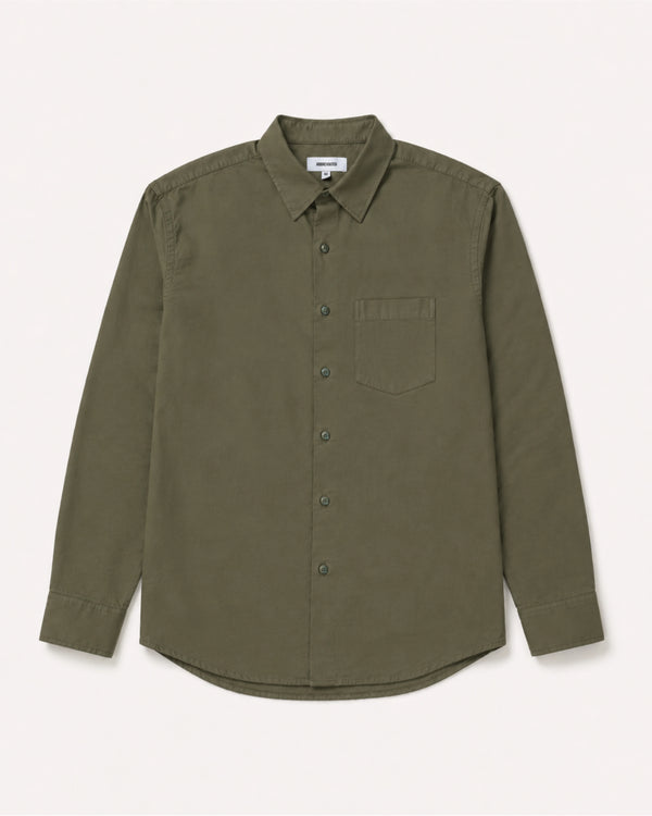 olive shirt laid on white background