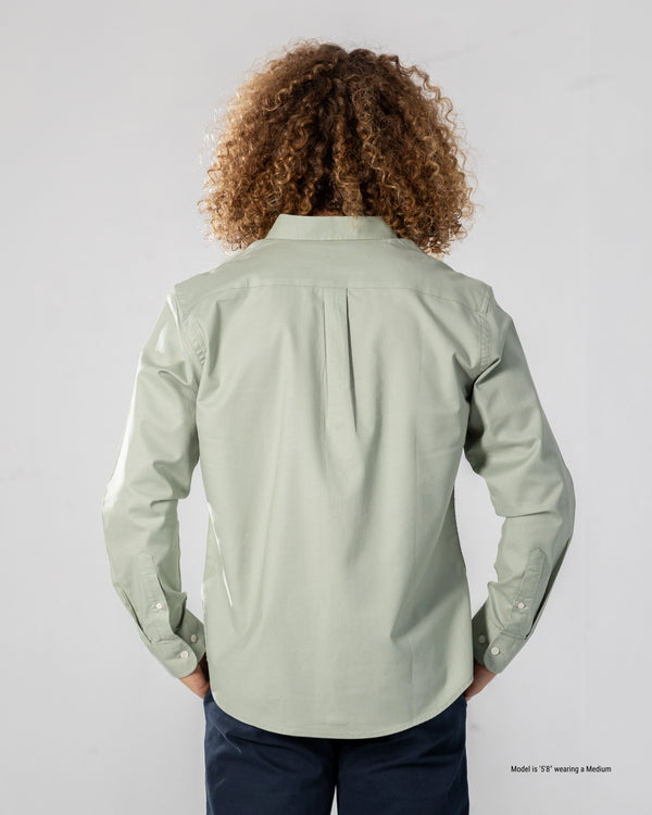sage button-down shirt for shorter men back