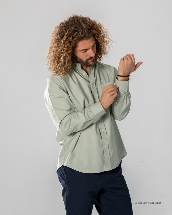 sage button-down shirt for shorter men front