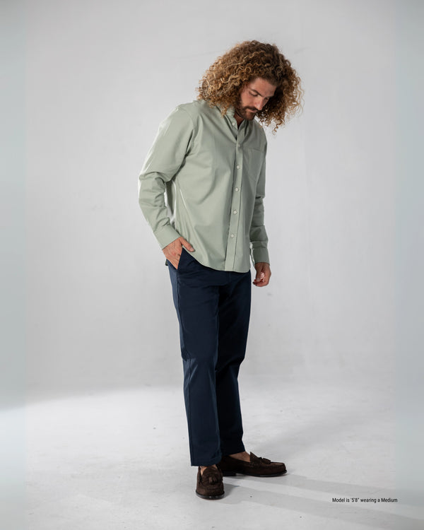 sage button-down shirt for shorter men side