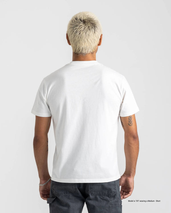 Person wearing a plain white t-shirt on a light gray background