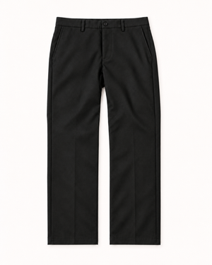 Front view of charcoal straight-leg trousers on a 5'8" man, showing the clean break over loafers