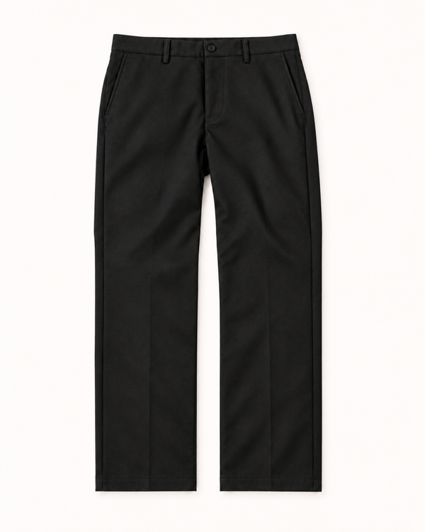 Black straight-leg menswear trousers for shorter men, flat lay front view