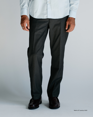 Front view of charcoal straight-leg trousers on a 5'8" man, showing the clean break over loafers