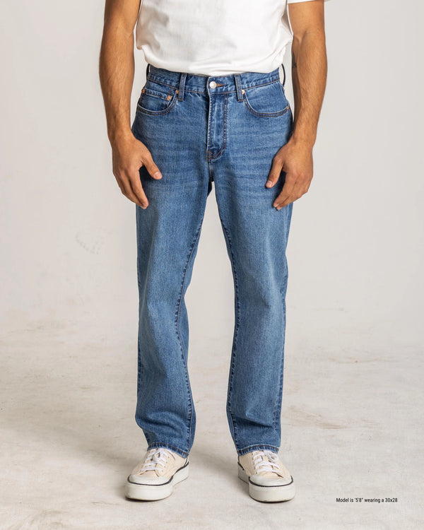 straight fit jeans for short men dark medium wash close front